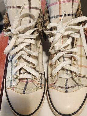 COACH Plaid High-Top Canvas Sneakers in Cream